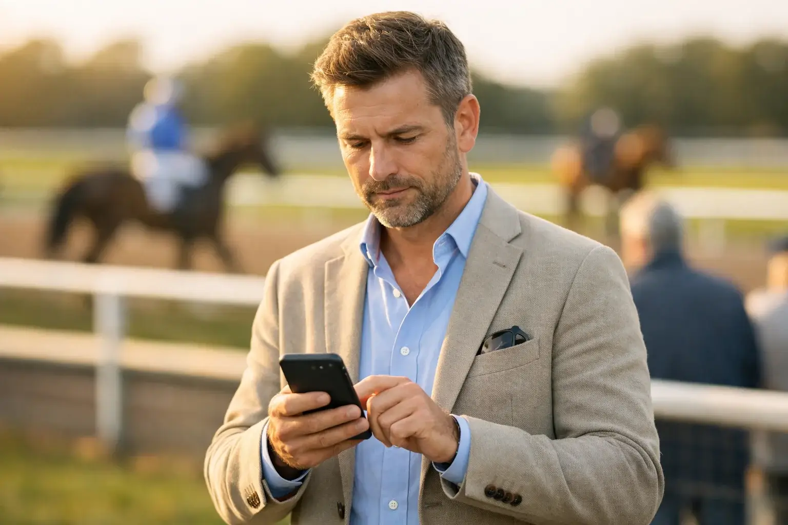Ervaren wedder met smartphone bij de renbaan