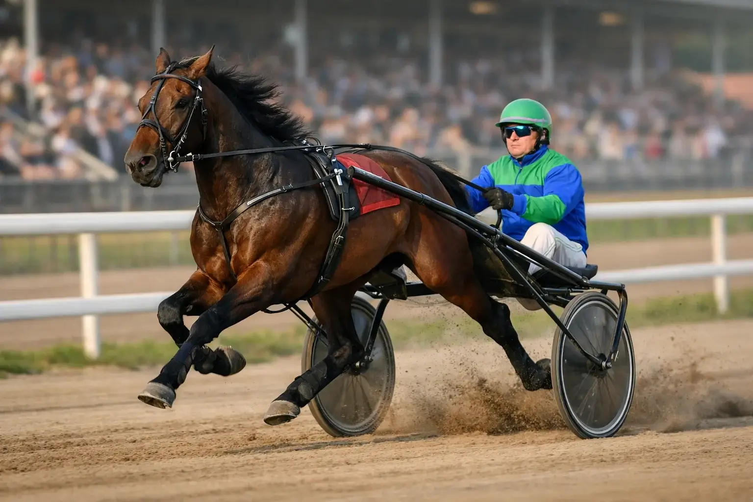 Drafsport met sulky en pikeur op de renbaan