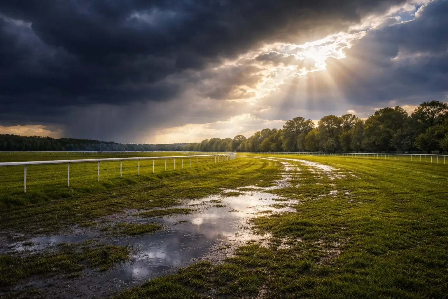 Renbaan met wisselende weersomstandigheden