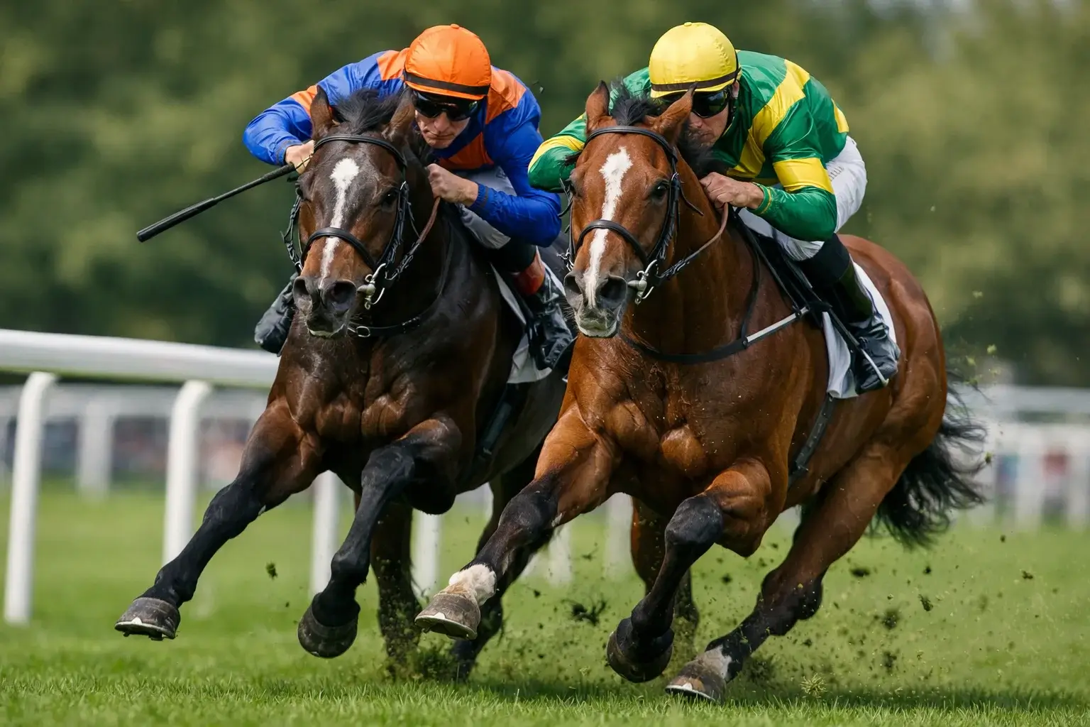 Twee paarden strijden om de eerste plaatsen
