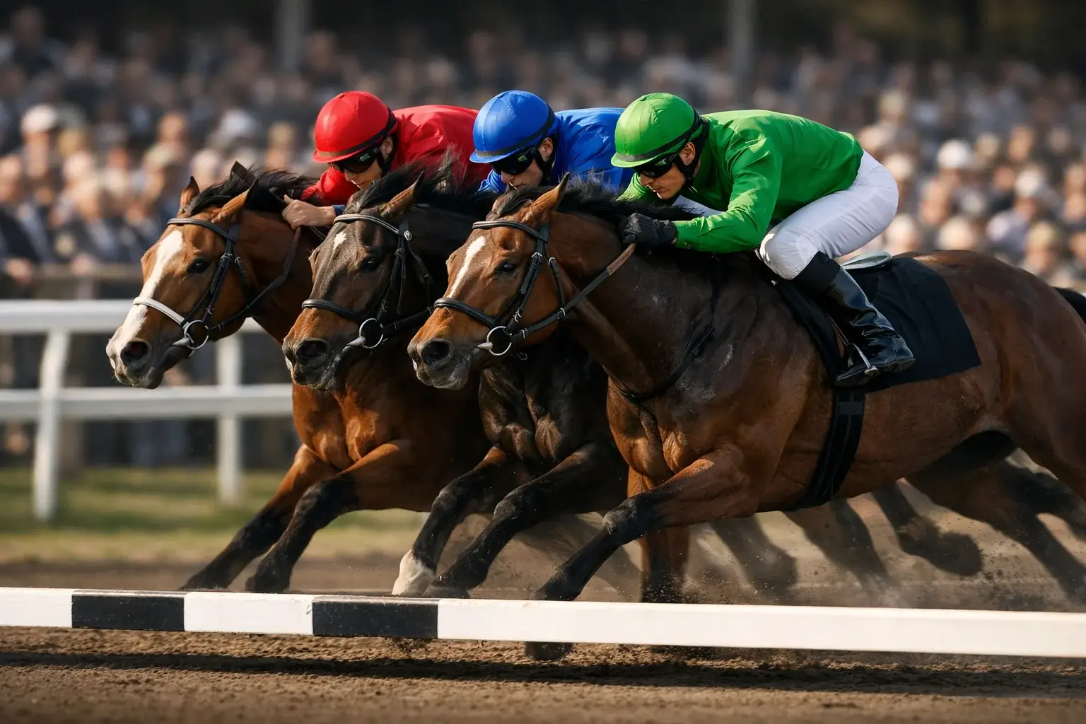 Drie paarden finishen dicht bij elkaar