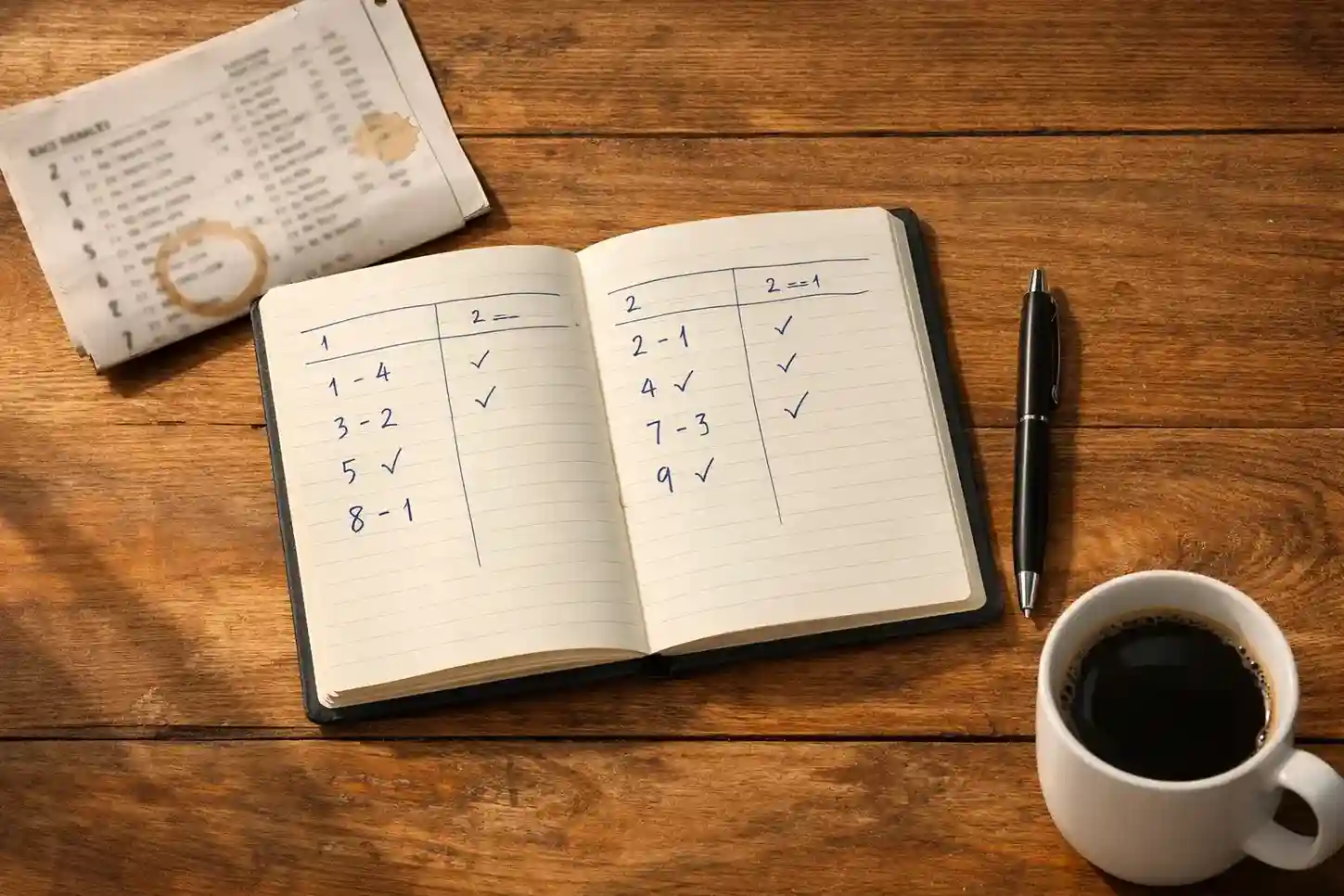 Notitieboekje met handgeschreven cijfers en een pen op een houten tafel naast een racecard