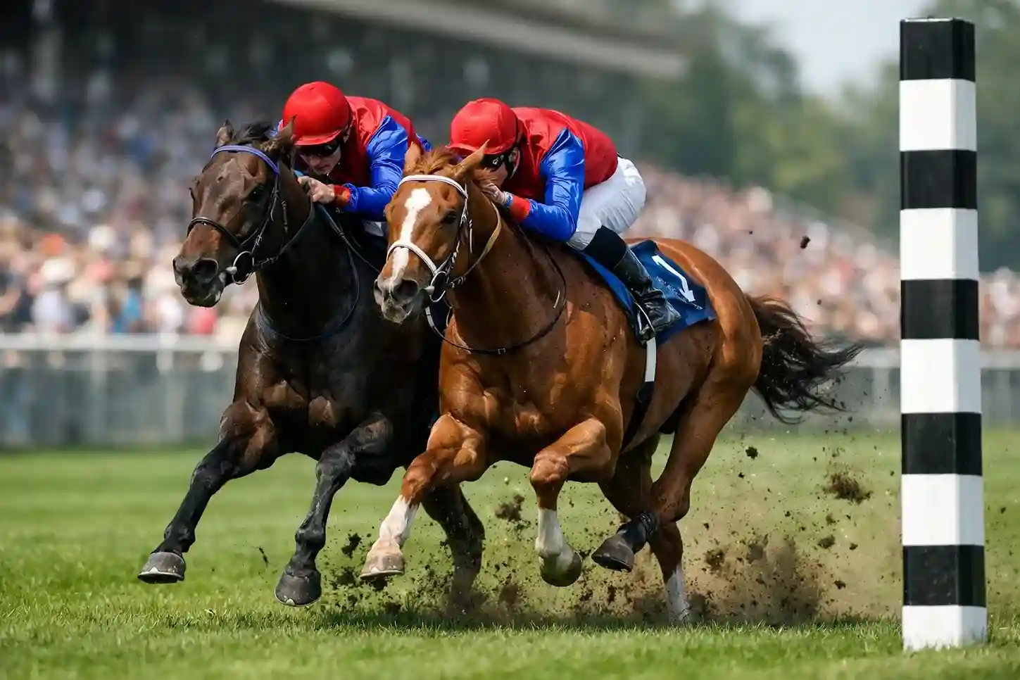 Racepaard met jockey eindigt als tweede achter de winnaar bij de finishlijn op een grasbaan