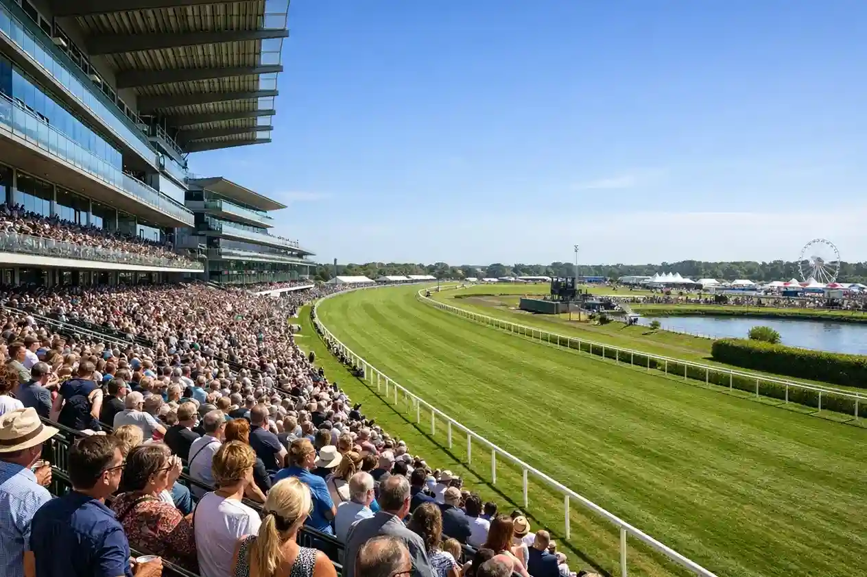 Overzicht van een moderne renbaan met groene baan en volle tribunes op een racedag