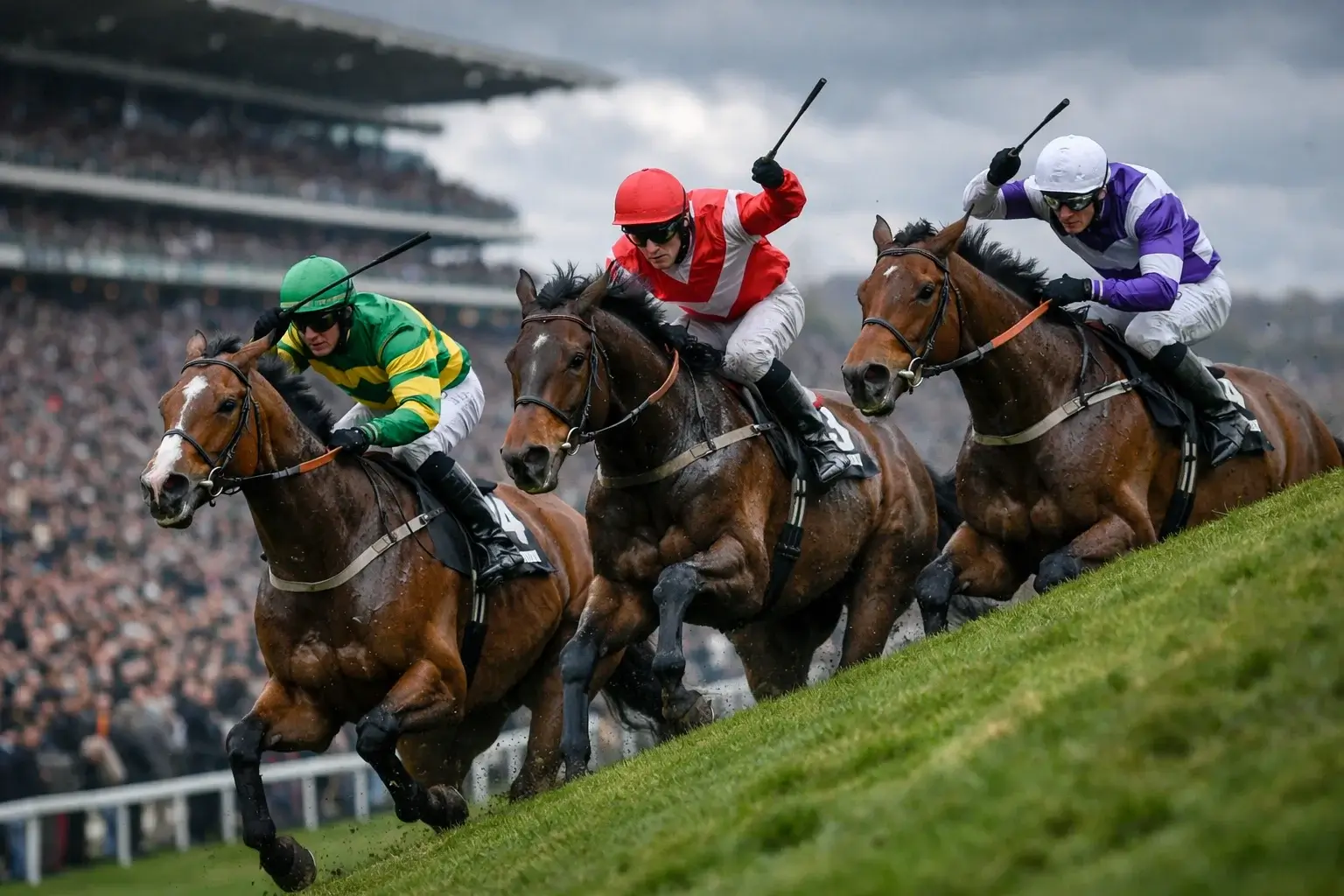 Racepaarden klimmen de beroemde heuvel op bij Cheltenham met volle tribunes op de achtergrond