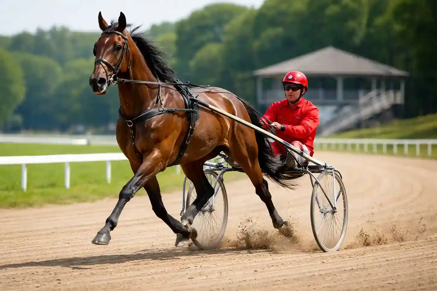 Draver met sulky en pikeur in actie op een zandbaan tijdens een draverijenrace