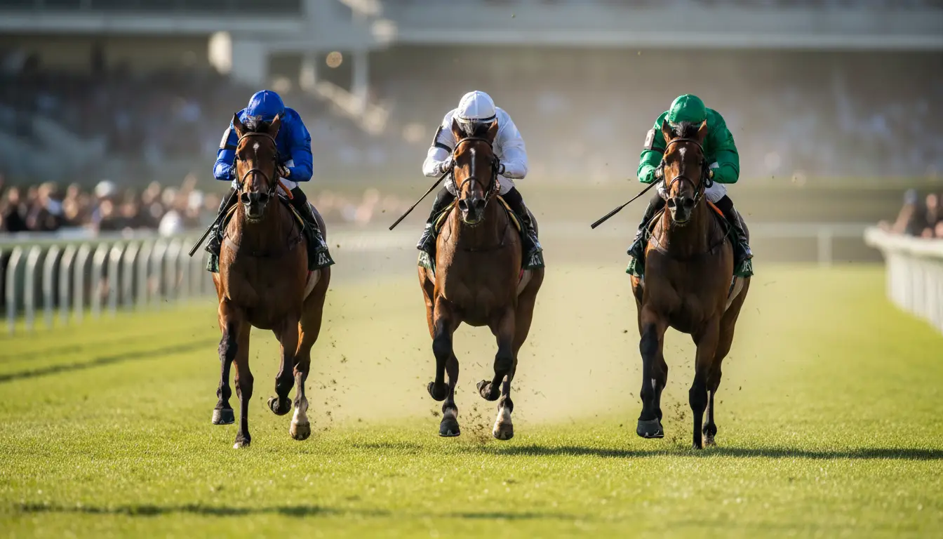 Groep paarden met jockeys dicht bij elkaar tijdens de finish van een race