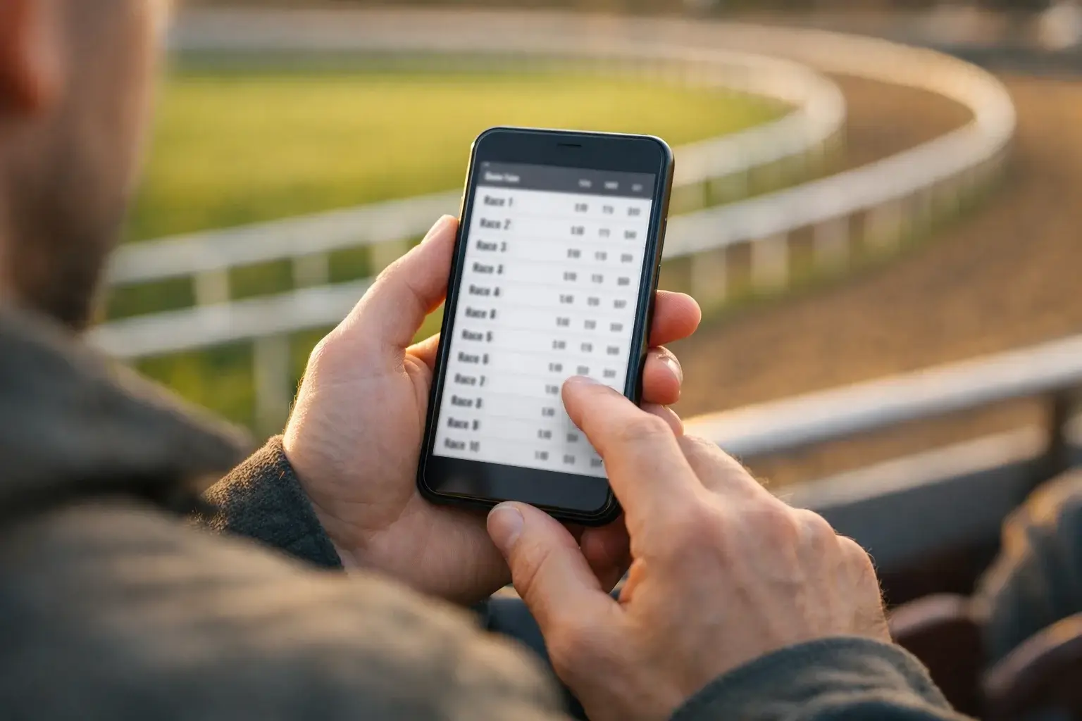 Persoon bekijkt een paardenrace op een smartphone met een renbaan op de achtergrond