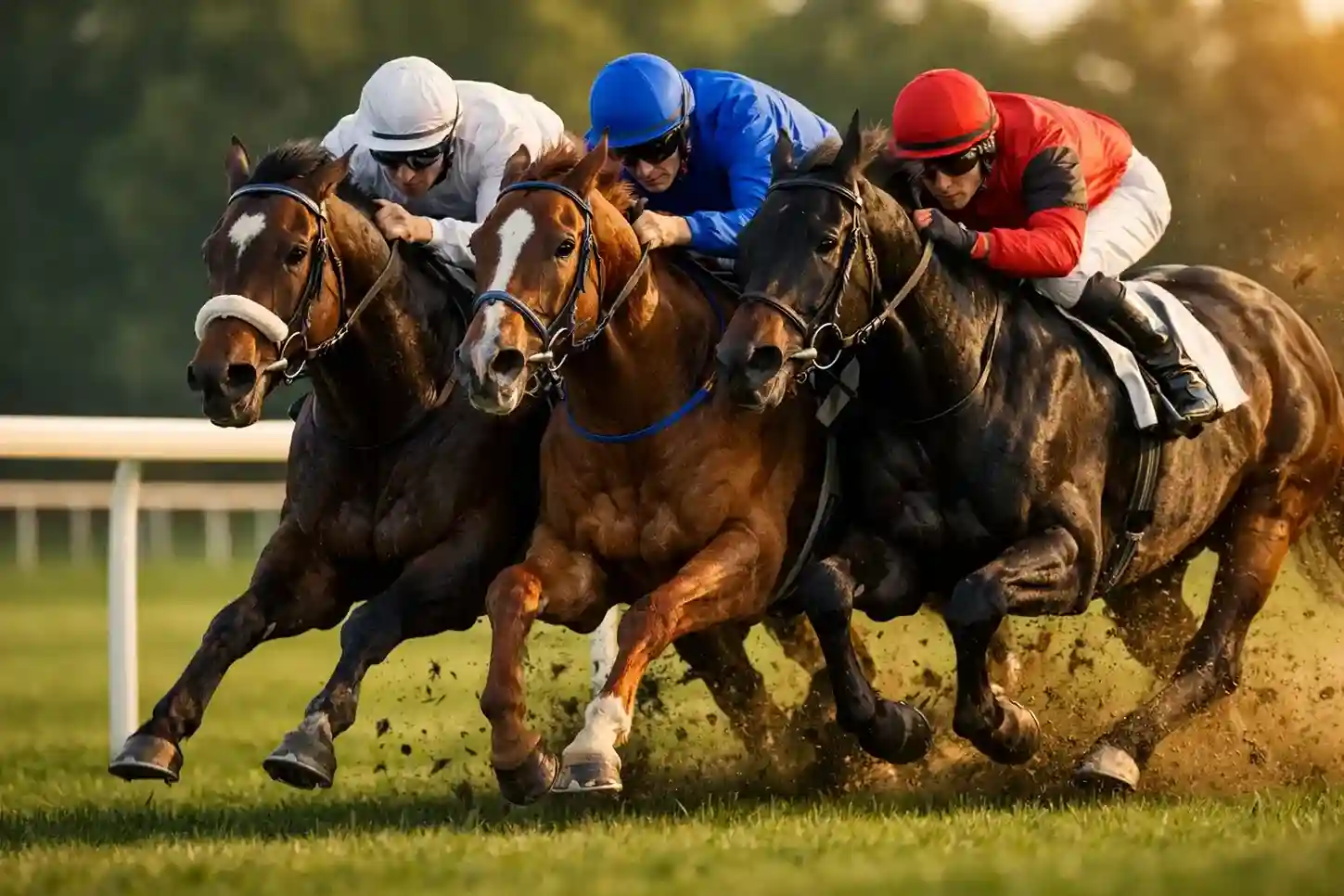Drie racepaarden met jockeys finishen vlak achter elkaar op een grasbaan