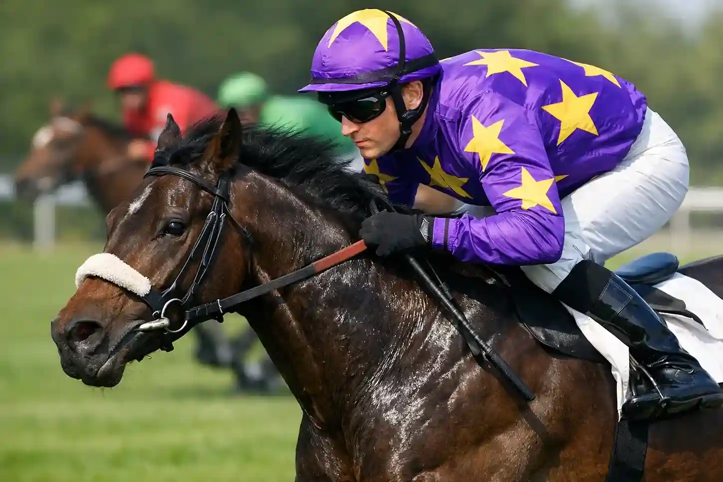 Jockey in felgekleurde outfit buigt voorover op een galoppeerend racepaard tijdens een race