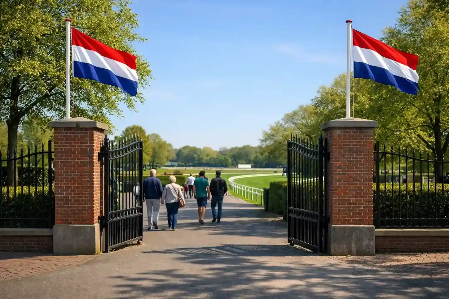 Ingang van een Nederlandse renbaan met toegangspoort en vlaggen op een zonnige dag