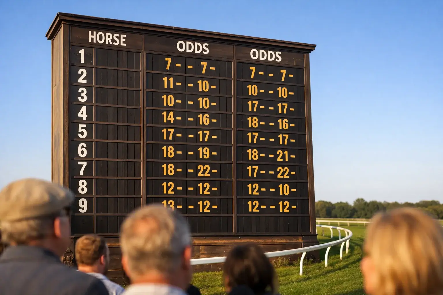 Groot scorebord met paardenrace-odds naast een groene renbaan bij daglicht