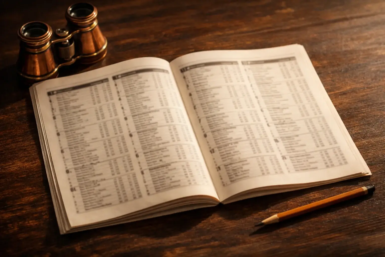 Close-up van een racecard met paardenraces op een houten tafel naast een verrekijker