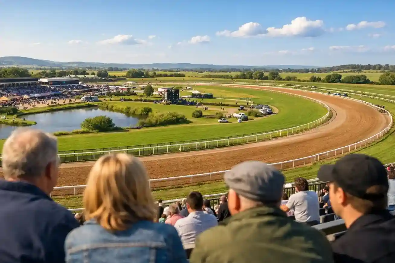 Panoramisch uitzicht over een renbaan met meerdere paardenraces op een zonnige dag