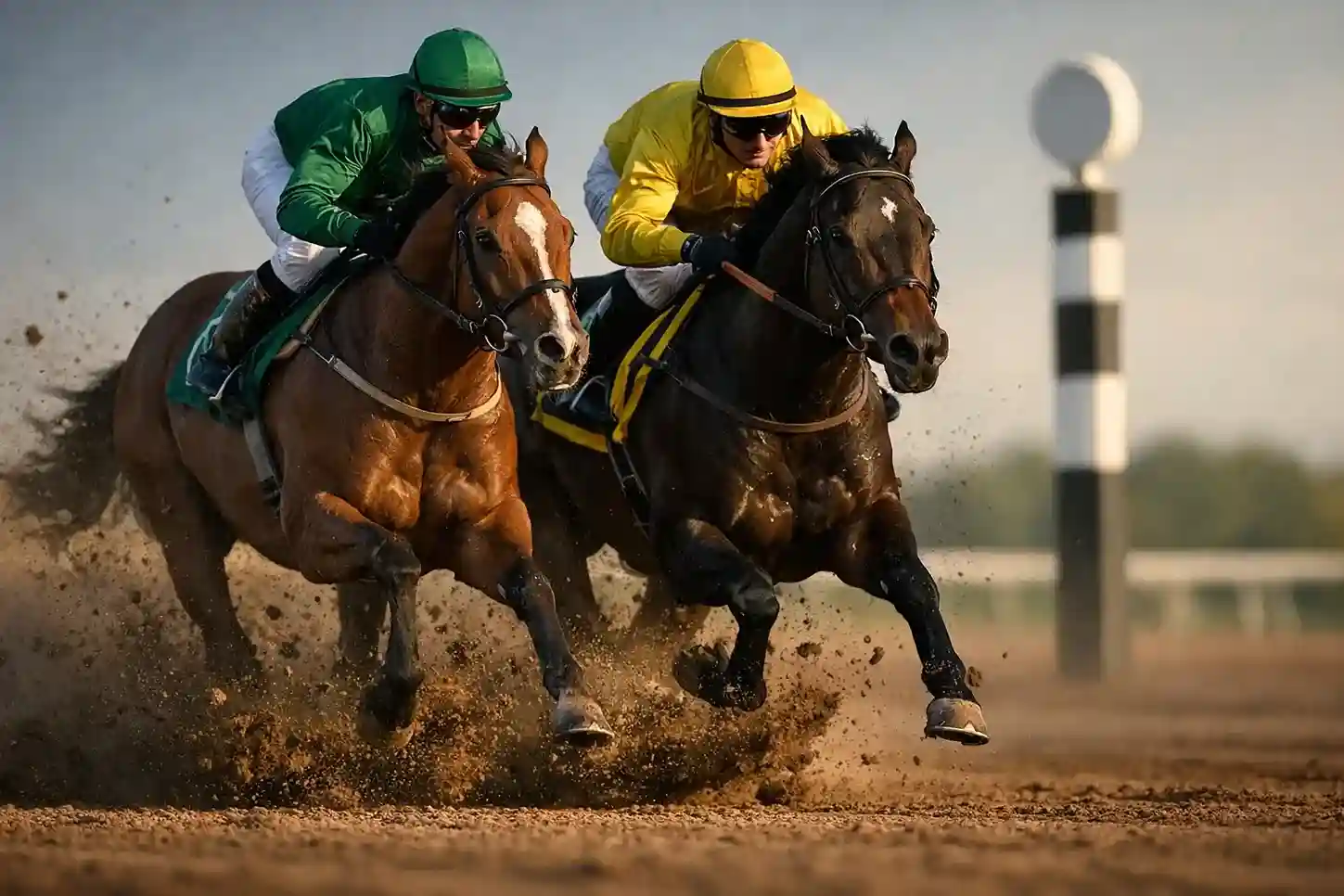 Twee racepaarden galopperen zij aan zij naar de finish op een zandbaan