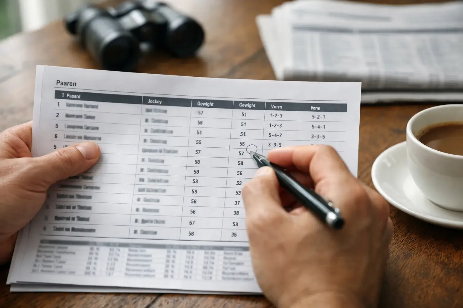 Persoon bestudeert een racecard met paardenrace informatie