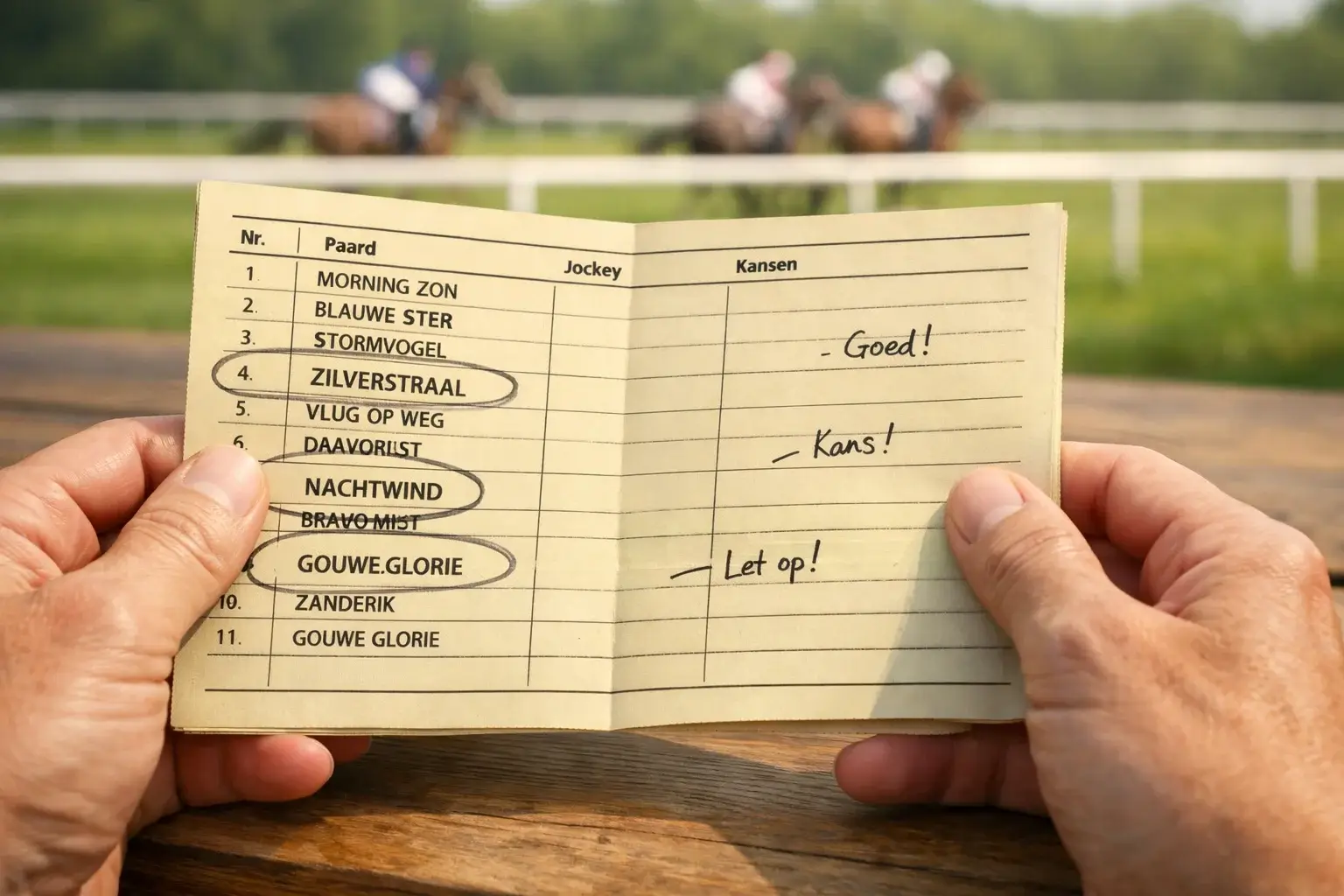 Handen houden een gedrukte racecard vast met potloodaantekeningen bij een renbaan