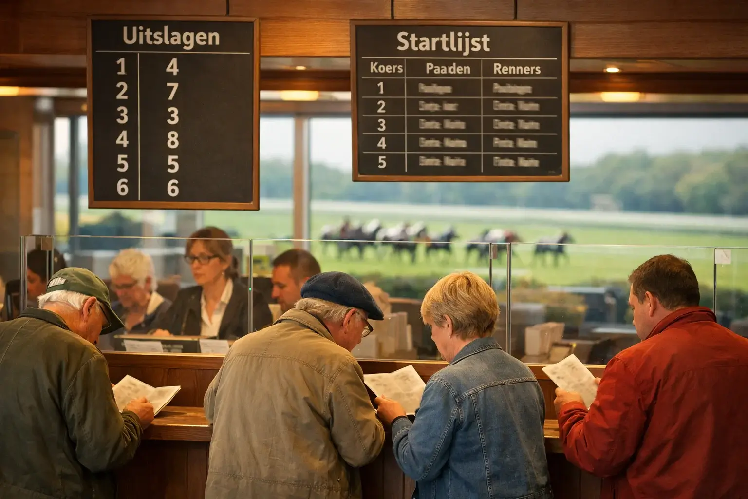 Drukke renbaan met toeschouwers bij het wedkantoor tijdens een paardenrace
