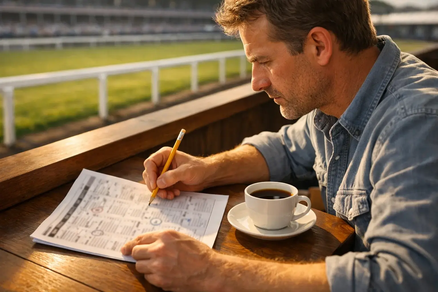 Wedder bestudeert een racecard met aantekeningen naast een renbaan