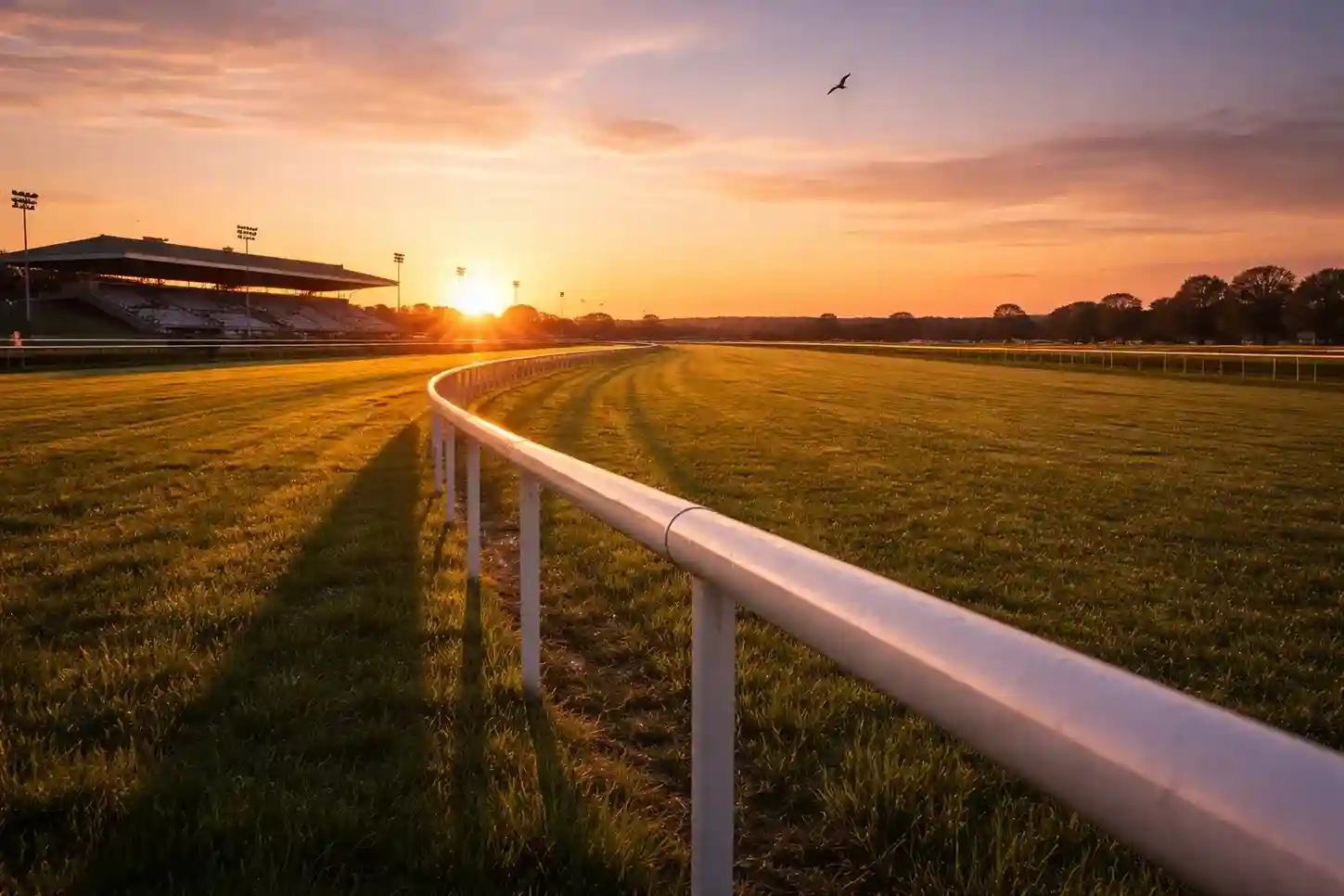 Lege renbaan bij zonsondergang met rustig gouden licht over het groene grasveld