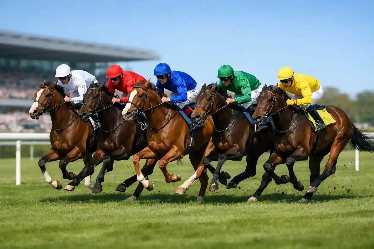 Racepaarden in volle galop op een vlakke groene grasbaan tijdens een zonnige racedag