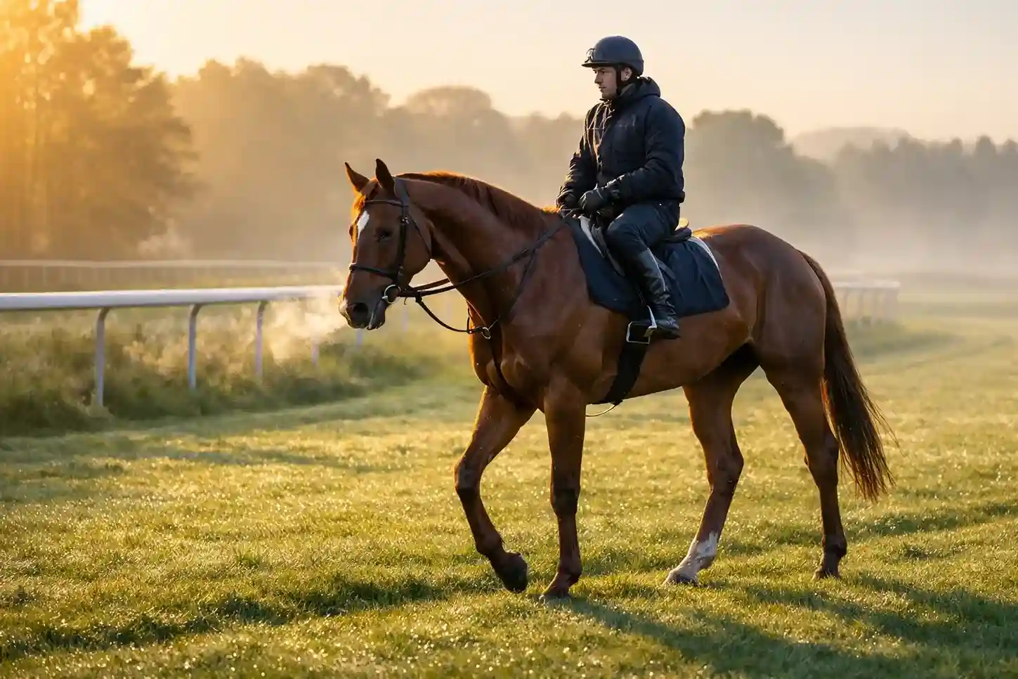 Racepaard warmt op in stap op een grasbaan in het ochtendlicht voor een training