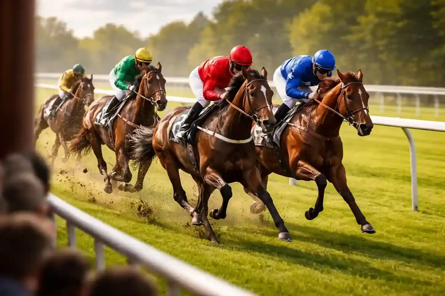 Paardenrace op een groene grasbaan met jockeys in kleurrijke outfit