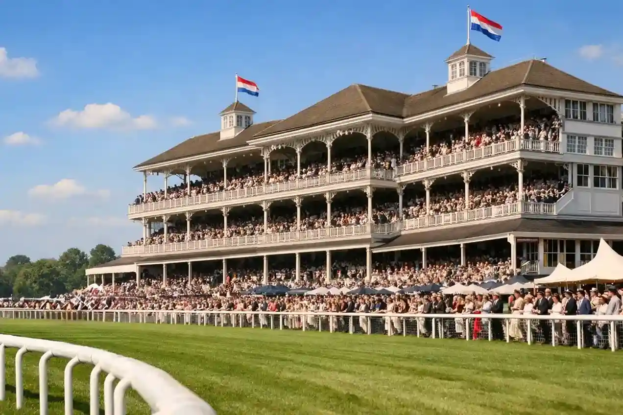 Elegante tribune van Royal Ascot met toeschouwers en groene renbaan op een zonnige junidag