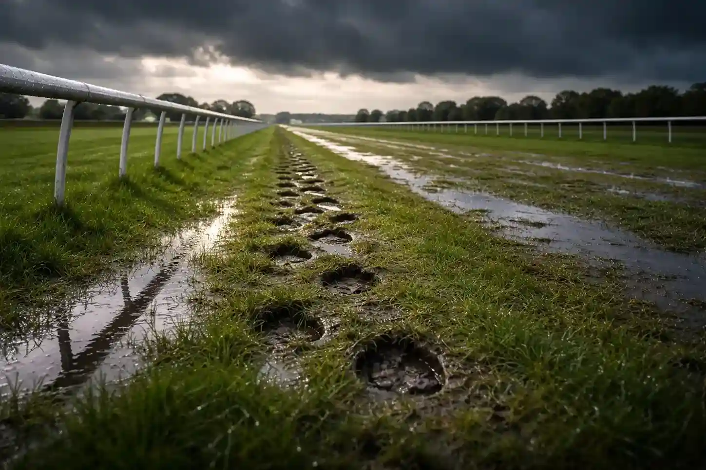 Natte groene renbaan met plassen op het gras onder een donkere regenlucht