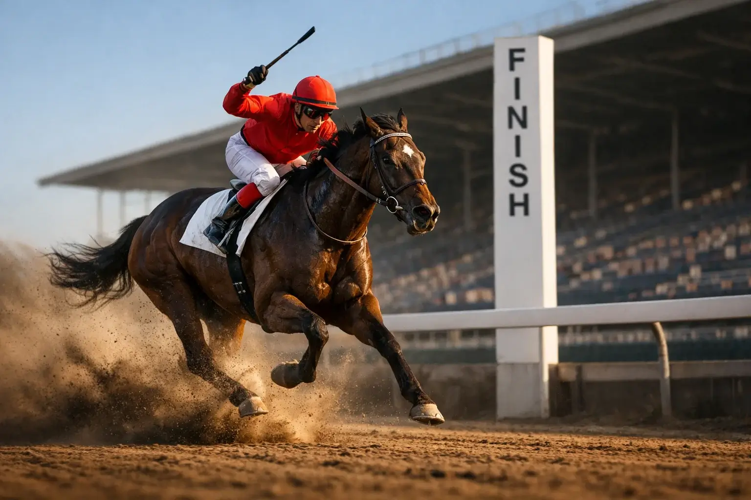 Paard met jockey steekt als eerste de finishlijn over op een zandbaan