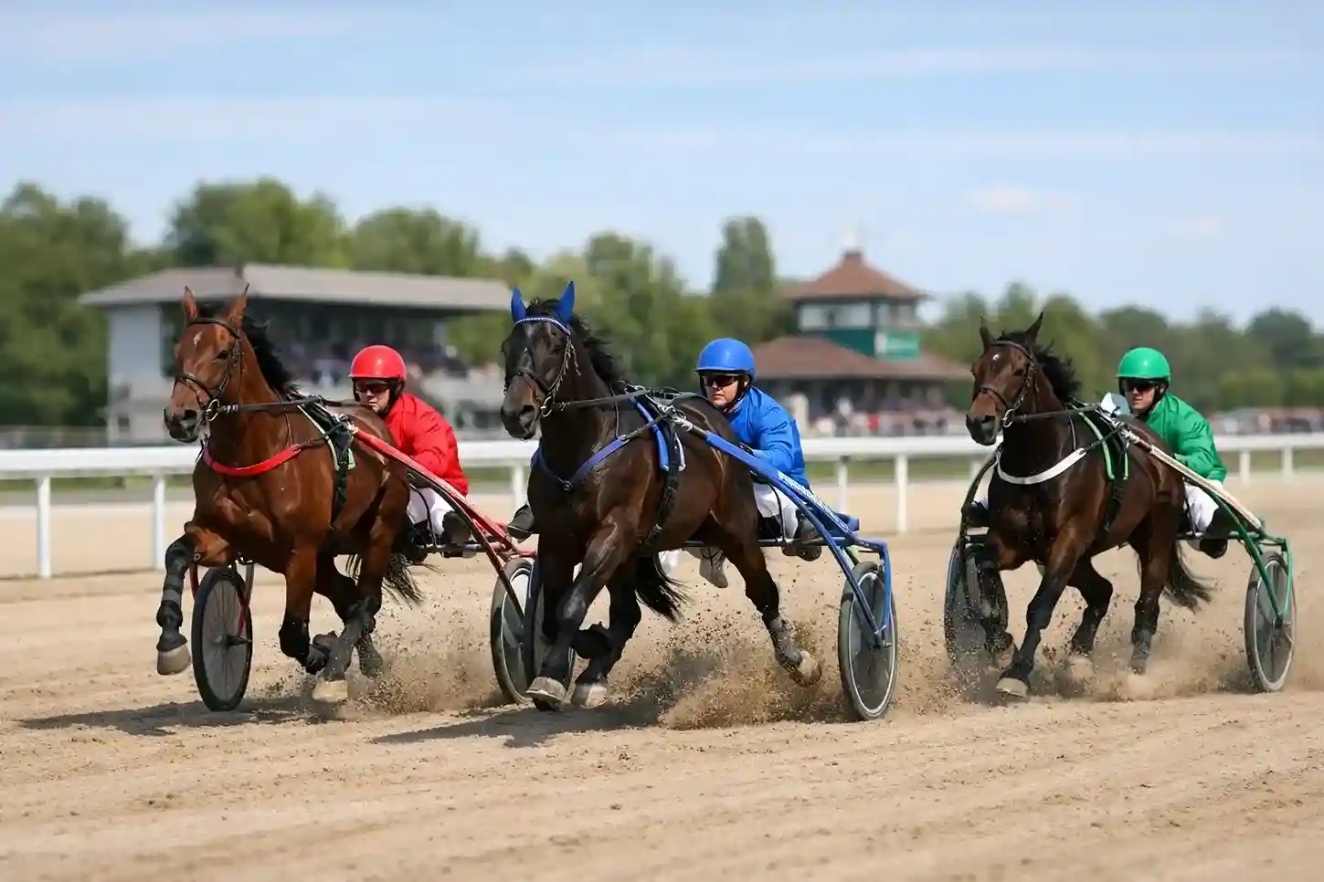 Franse renbaan met dravers en sulky's tijdens een draverijenrace op zand